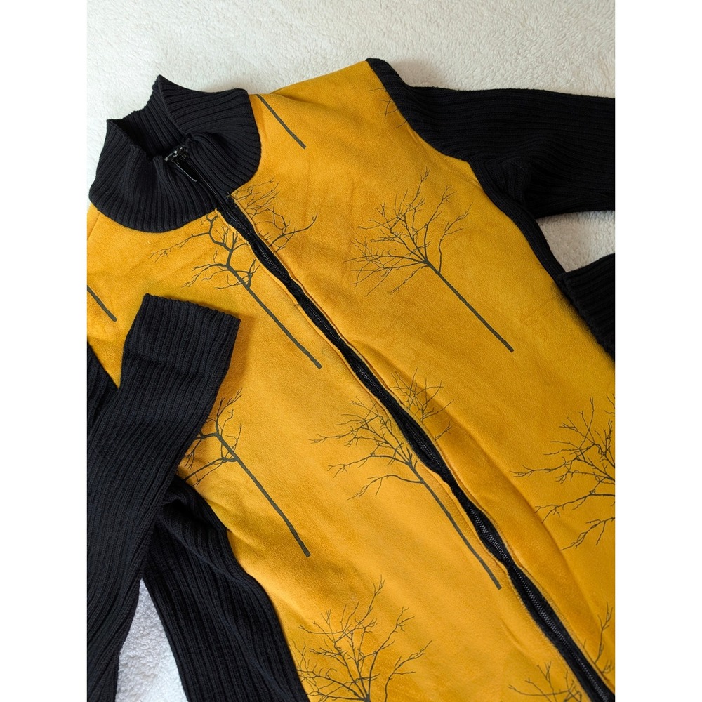 Robert Kitchen Mustard Yellow Tree Graphic Zip Up Faux Fur Lined Jacket Small